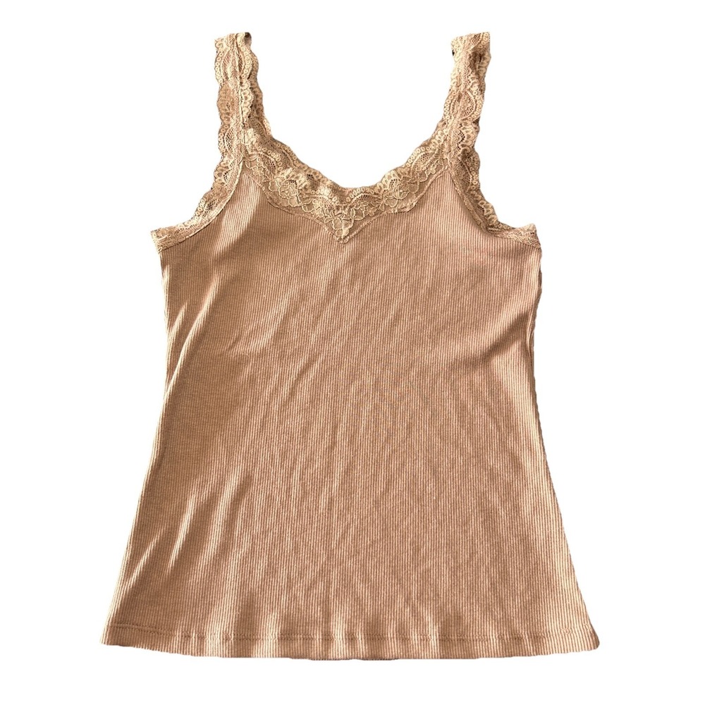 Y2K Brown Lace Trim Ribbed Cami Tank Top S Y2k Coquette Neutral Boho Layering